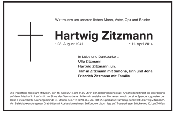 Traueranzeige von Hartwig Zitzmann von Pegnitz-Zeitung